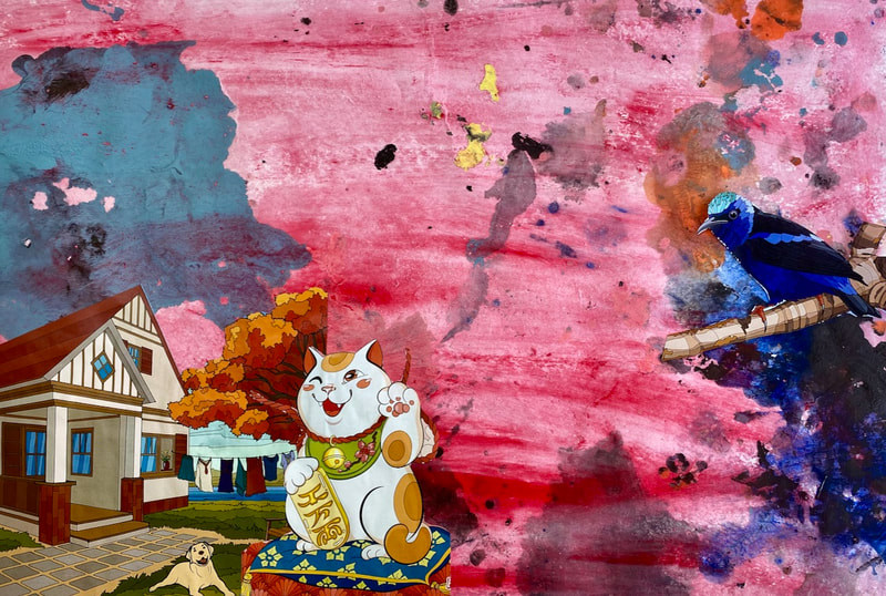 An artwork by Andrea Monds with a cutout images of a bird, a Japanese waving cat and a house, on a background with various colours.