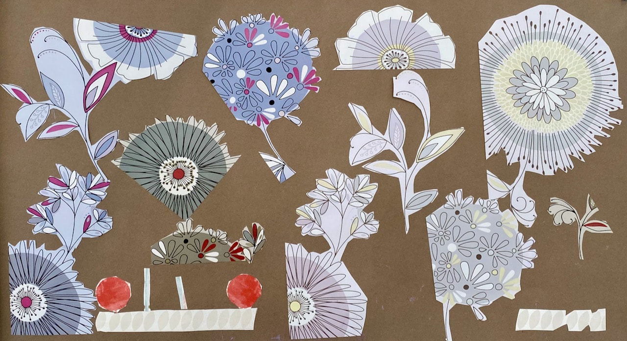 A collage work by Andrea Monds, using cutout elements from a wallpaper samples