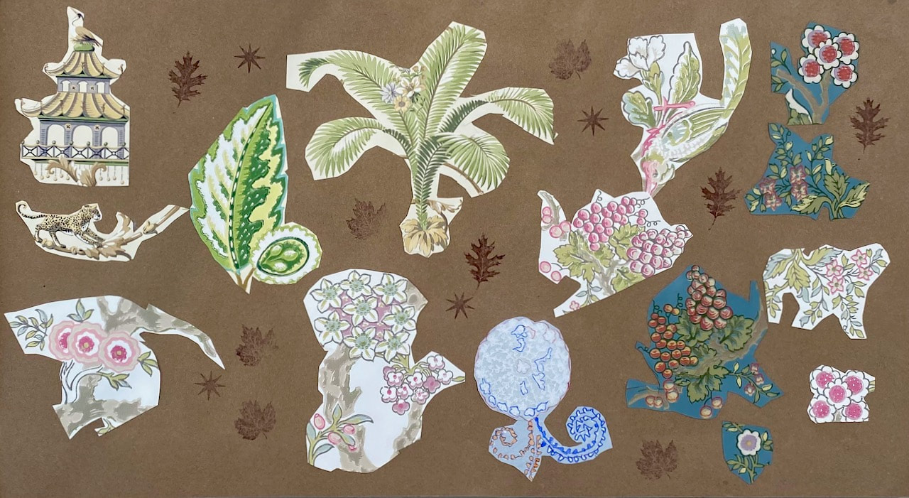 A collage work by Andrea Monds, using cutout elements from a wallpaper samples