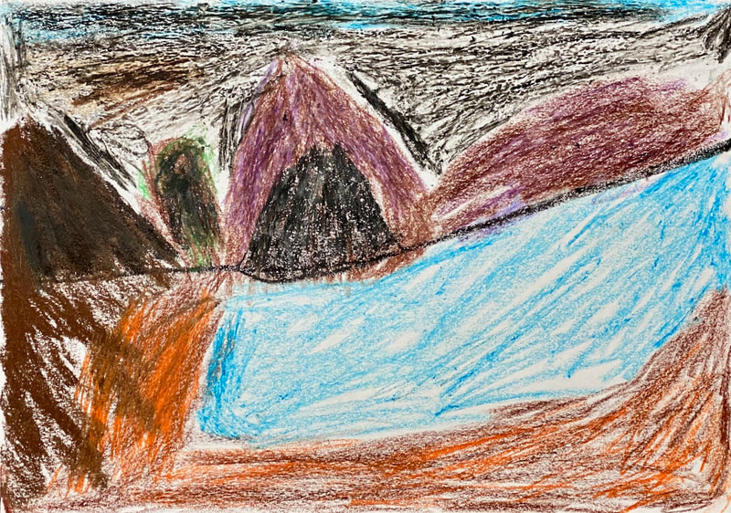 A landscape drawing with a lake and mountains by artist Chris Farrow