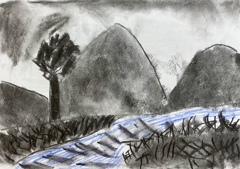 A landscape drawing in charcoal showing mountains, a tree, and a river. By artist Chris Farrow