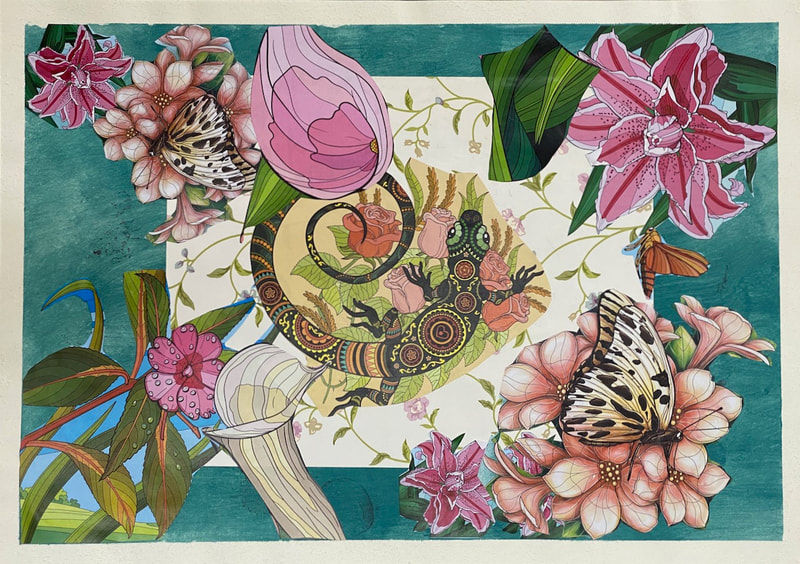 an image showing a collage of flowers, wallpaper and a lizard on a pink background