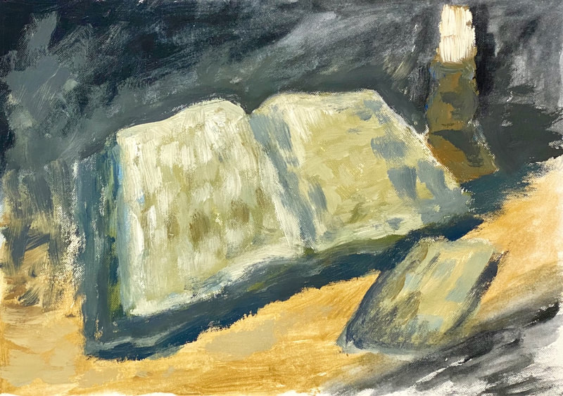 A painted copy of Vincent Van Gogh's work showing a bible on a table. This version was done by Chris Farrow as he was drawn to the symbolism of the original work.