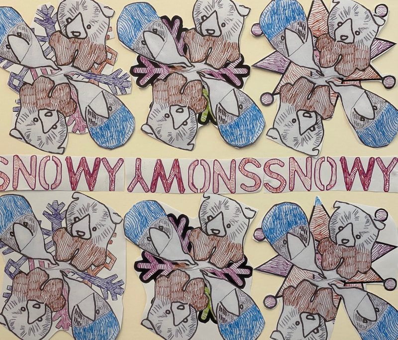 An image of a stuffed toy in a repeating pattern, with the words Snowy repeated across the middle. A test work for a wallpaper design